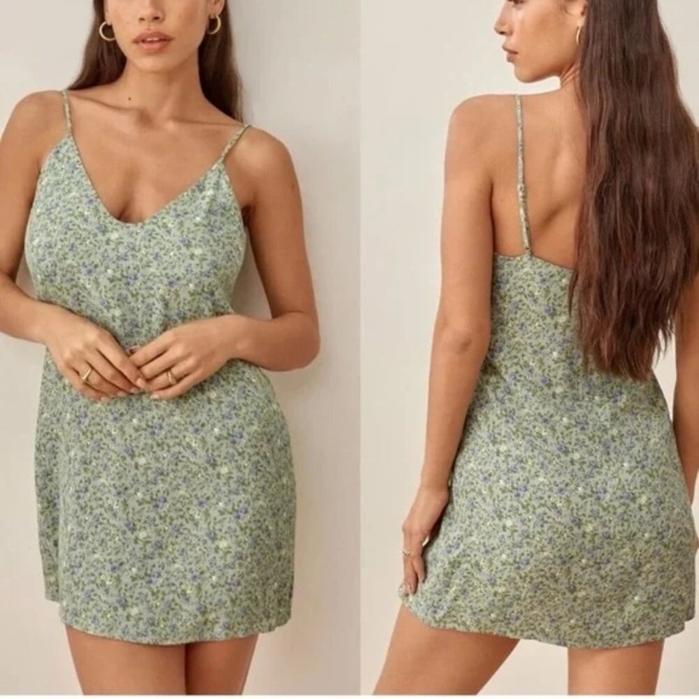 REFORMATION Ventura Mini Dress In Green Floral Print